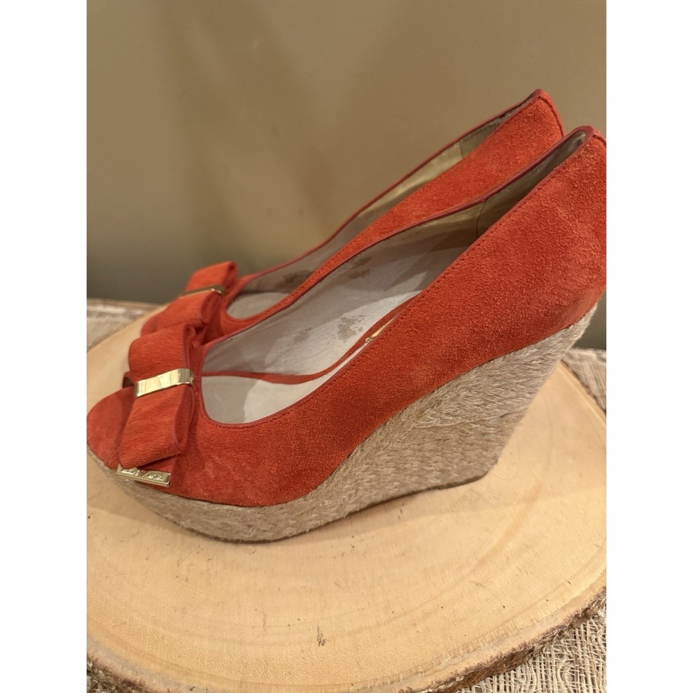 Michael Kors Bow Wedges Orange Slip On Espadrille Heels Size 8.5M Peep Toe Shoes - Picture 4 of 10